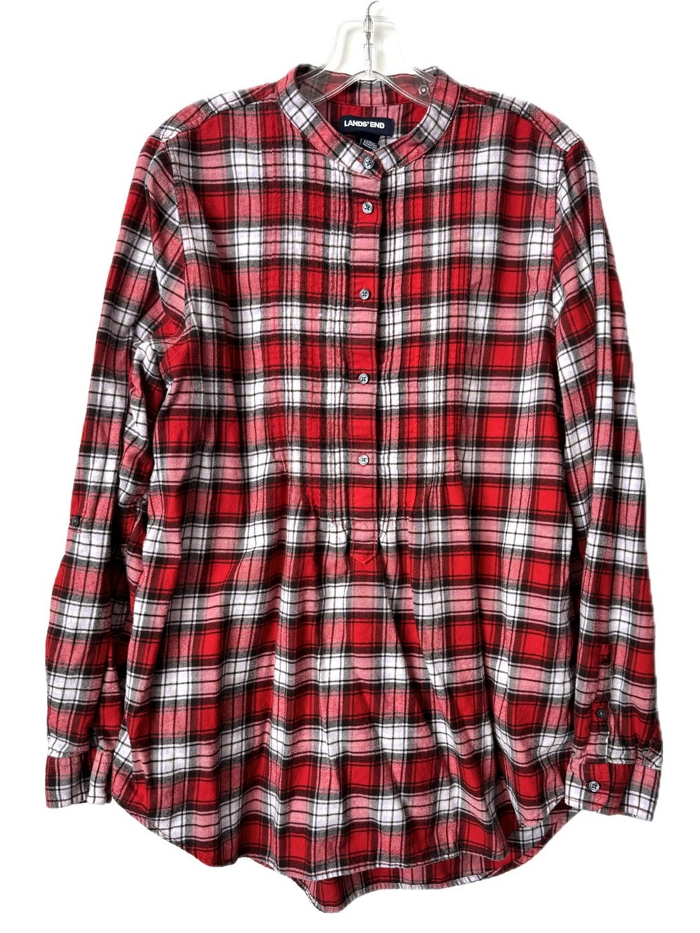 Lands' End Plaid Flannel Peplum Tunic Top Red  Button Front Pullover 14 Tall